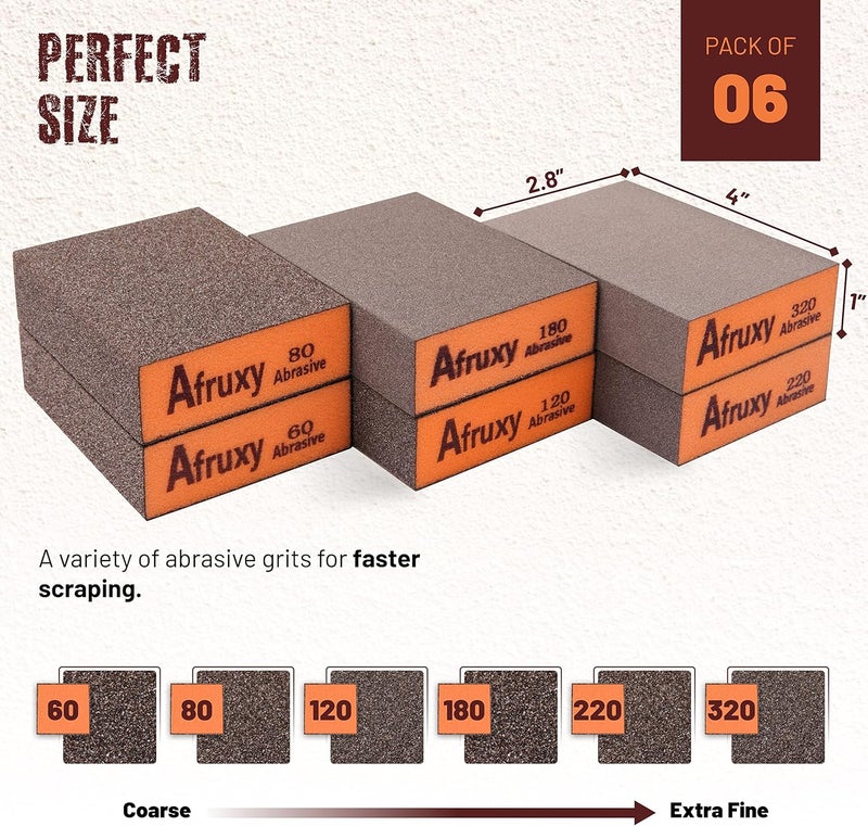 Afruxy Professional-Grade Sanding Sponge 6-Pack with Gloves – 60/80/120/180/220/320 Grit Hand Sander, Durable Sandpaper Block for Drywall Sanding, Wood Sanding - Image 5